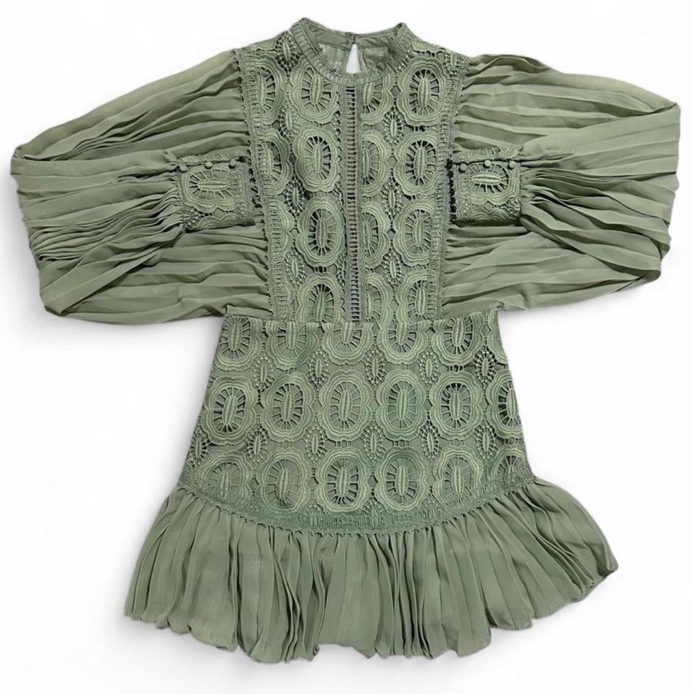 ASOS Design Sage Green Lace Pleated Mini Dress Size US 8 Romantic Puff Sleeve